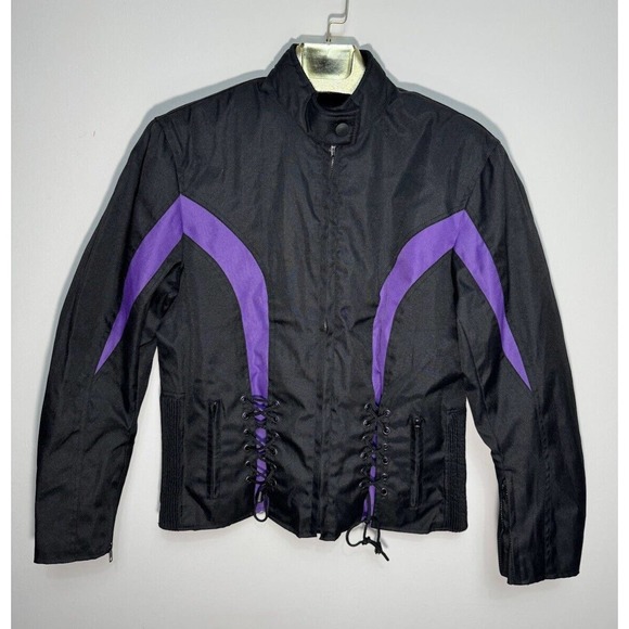 New WOMEN'S BIKER JACKET IK LEATHER BLACK & PURPLE NYLON ZIP-UP SIZE M - Picture 1 of 10